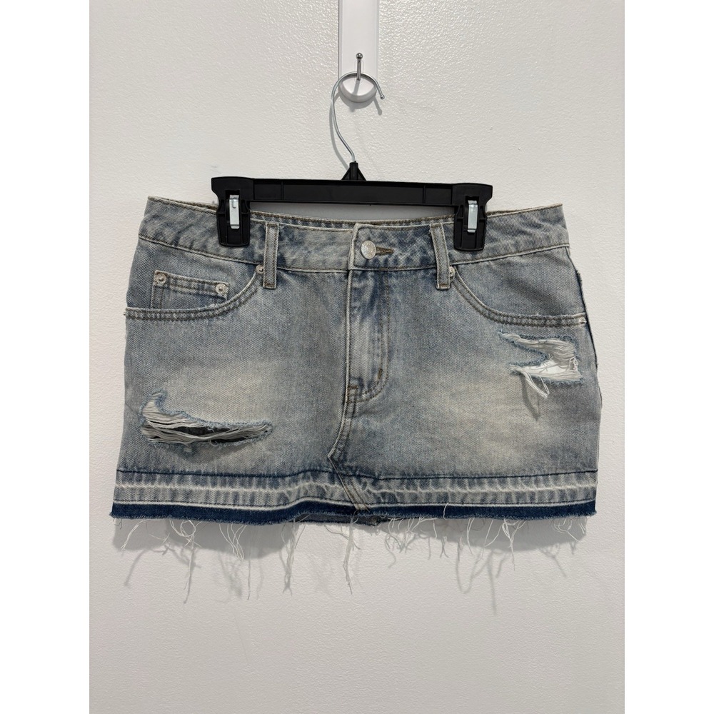 Edikted Denim Skirt Womens Small Blue Jean Mini Distressed Cotton Pockets NWT